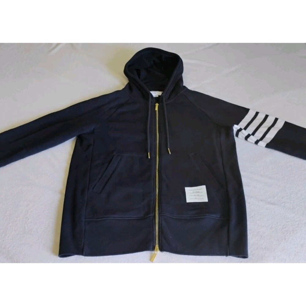 Thom Browne Navy 4-Bar Stripe Loopback Full Zip Hoodie Sz 3/M EUC Made In Japan